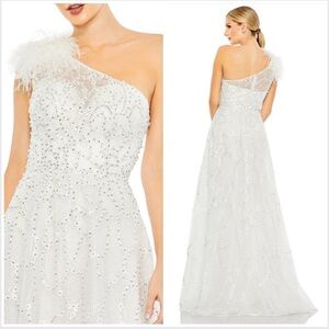 Mac Duggal White Embellished One Shoulder A Line Gown